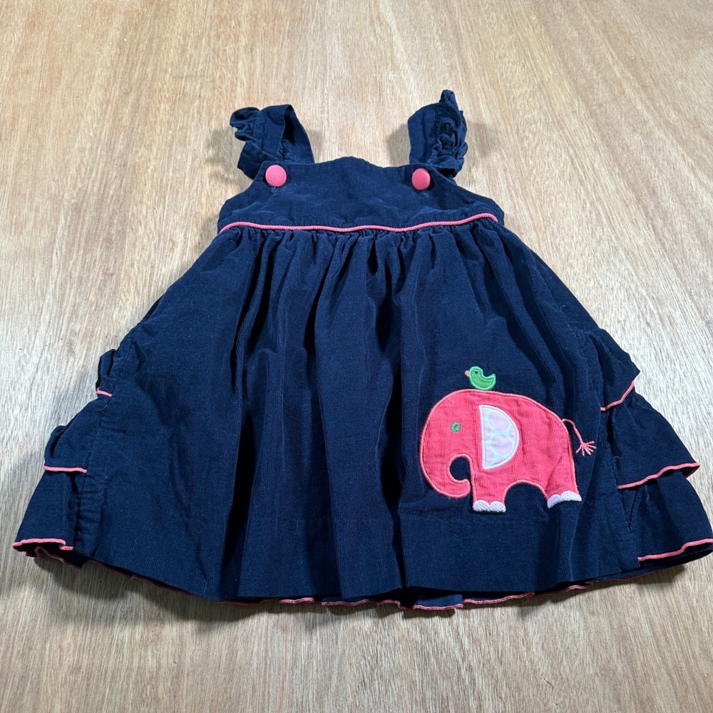Shrimp & Grits Kids Jumper 3T Navy Blue Corduroy Elephant Ruffle Tiered Dress